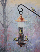 Finches on Feeder in Fog Painting