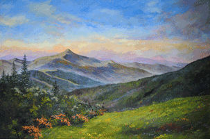 Mountain Valley With Orange Flowers Painting