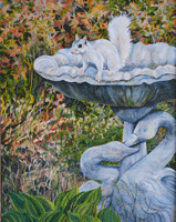 White Squirrel on Bird Bath Painting
